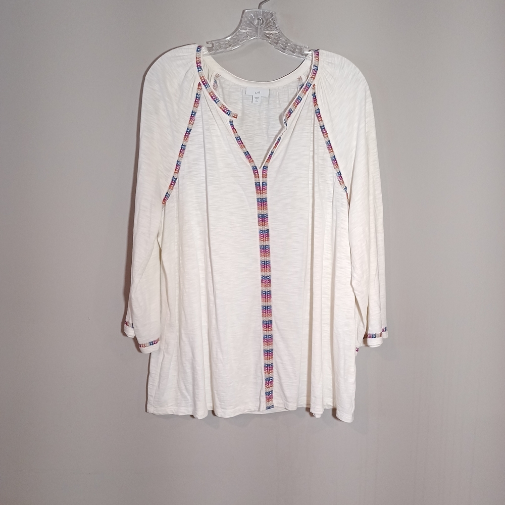 J. JILL cotton knit embroidered Top Ivory with Multicolor Trim Size L Tall
